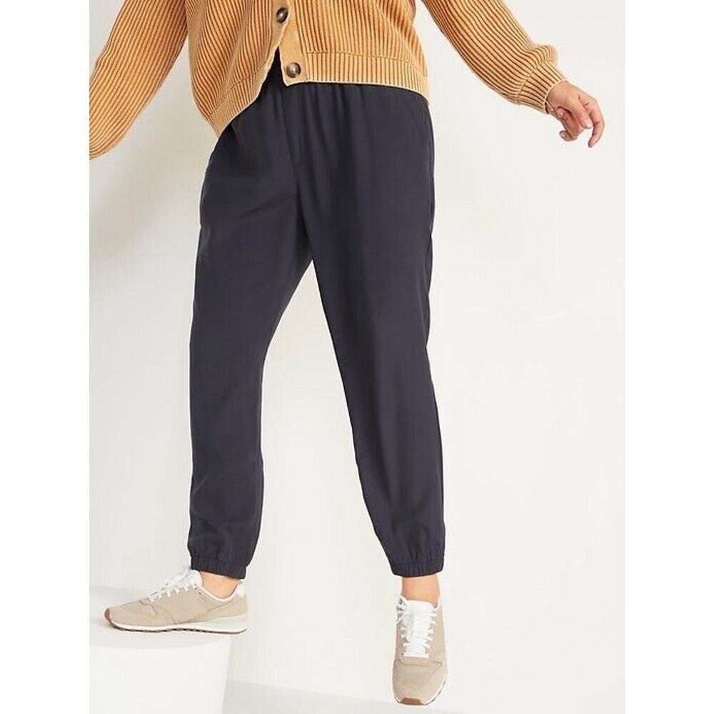 Old Navy Size L Tall‎ High Waisted Twill Jogger Pants Pull On Moire Navy Blue